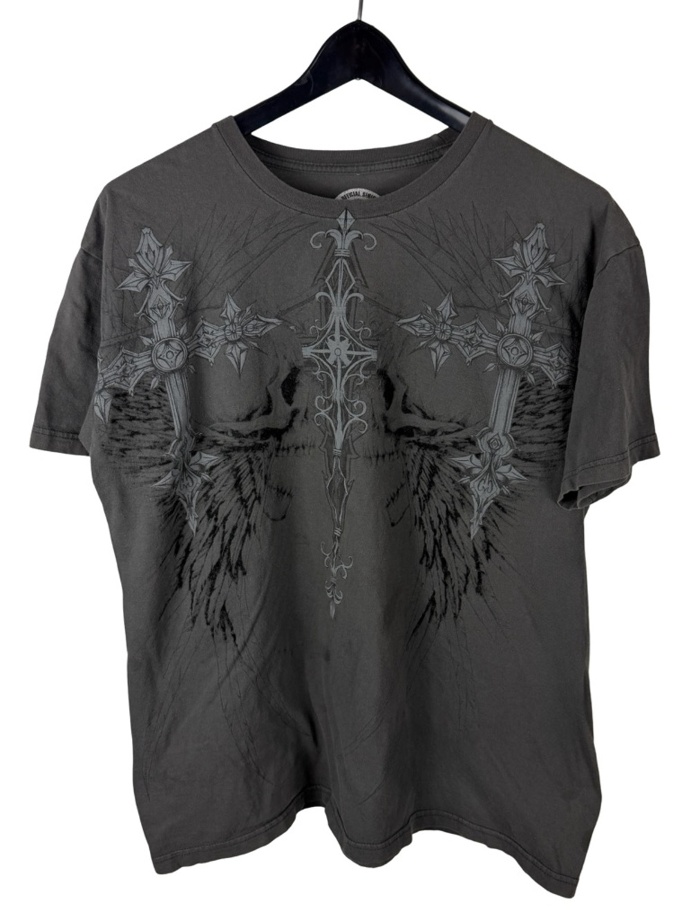 Mens Y2K Sinister Brand Grunge Punk Angel Wings Cross Grey Shirt Size L